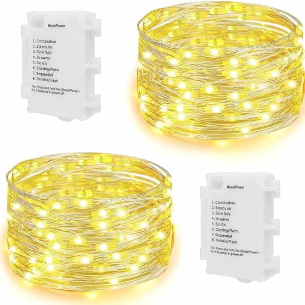 چراغ‌های رشته‌ای LED برند KOOPOWER  بسته 2 عددی، 100 عدد لامپ LED با تایمر باتری، سیم نقره‌ای 10 متری + کابل 1 متری